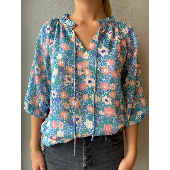 Jade Melody Tam Tops - Jade Melody Tam Floral Blouse Tie Neck Garden Peasant NWT Small Cottagecore